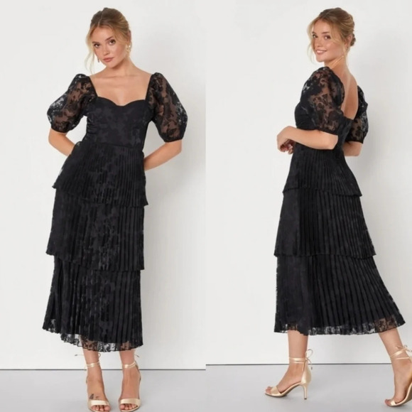 Lulus Posh Delight Black Floral Jacquard Pleated Midi Dress S Wedding Party - Picture 1 of 10